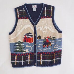 Vintage Nutcracker Navy Scenic Cabin Winter Sweater Vest Holiday Cabincore XL